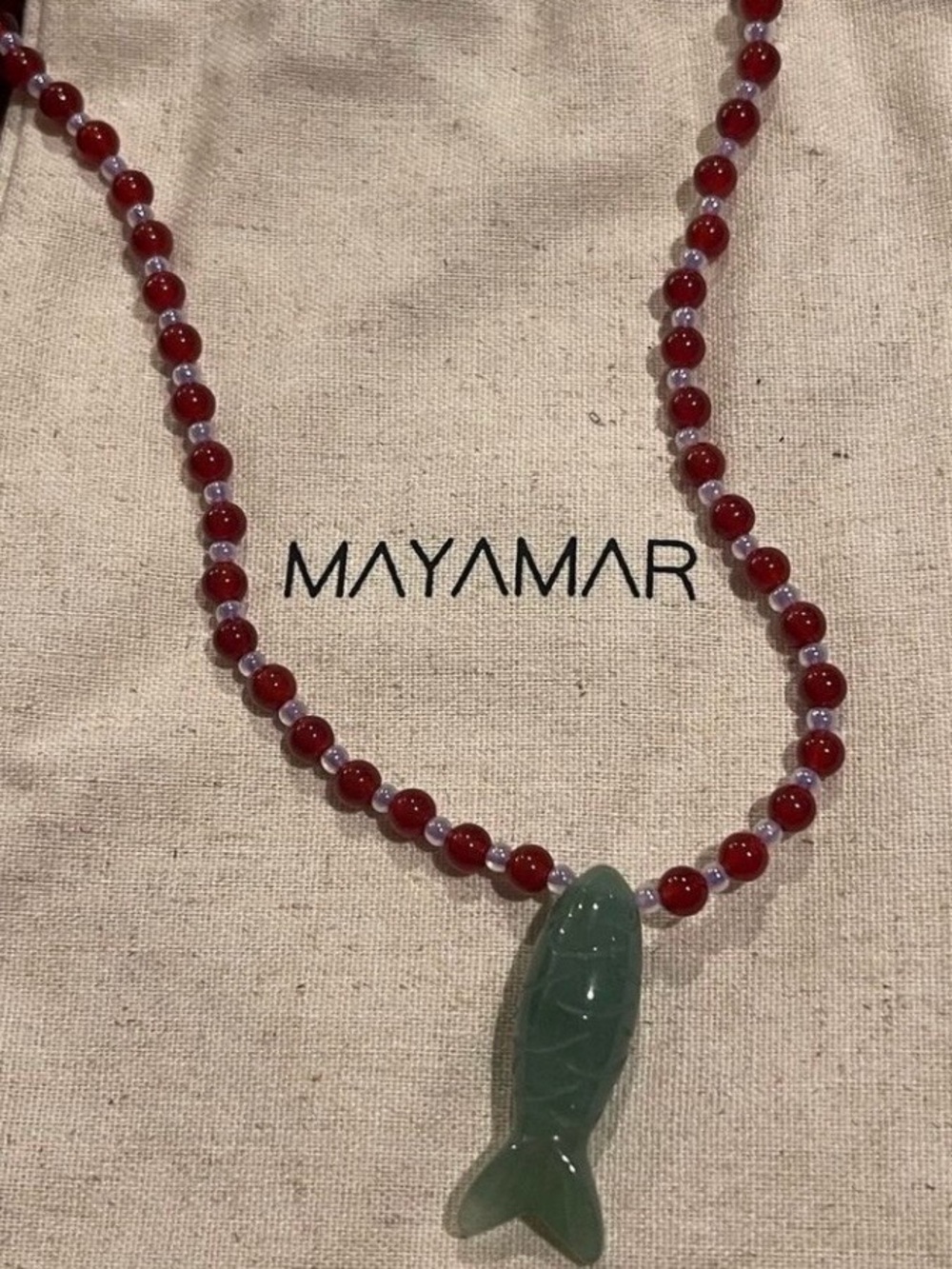 Mayamar Red Bead Necklace with Green Fish Pendant